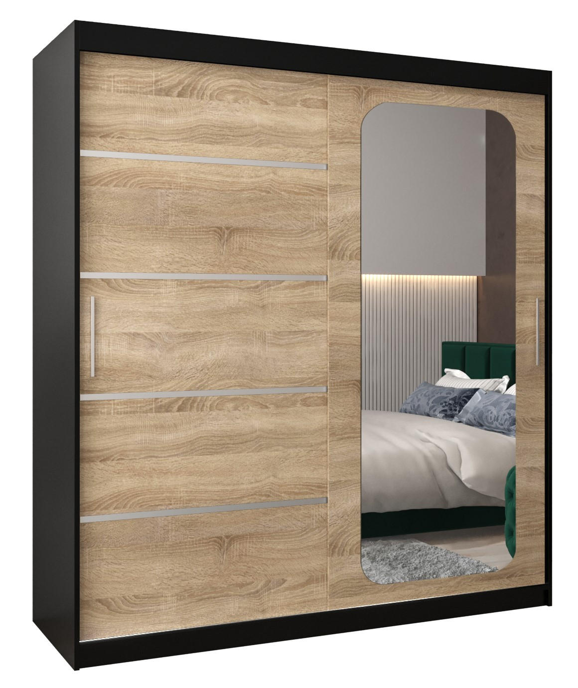 Abiks Möbel Schwebetürenschrank Schwarz, Sonoma Eiche 180x200x62 cm