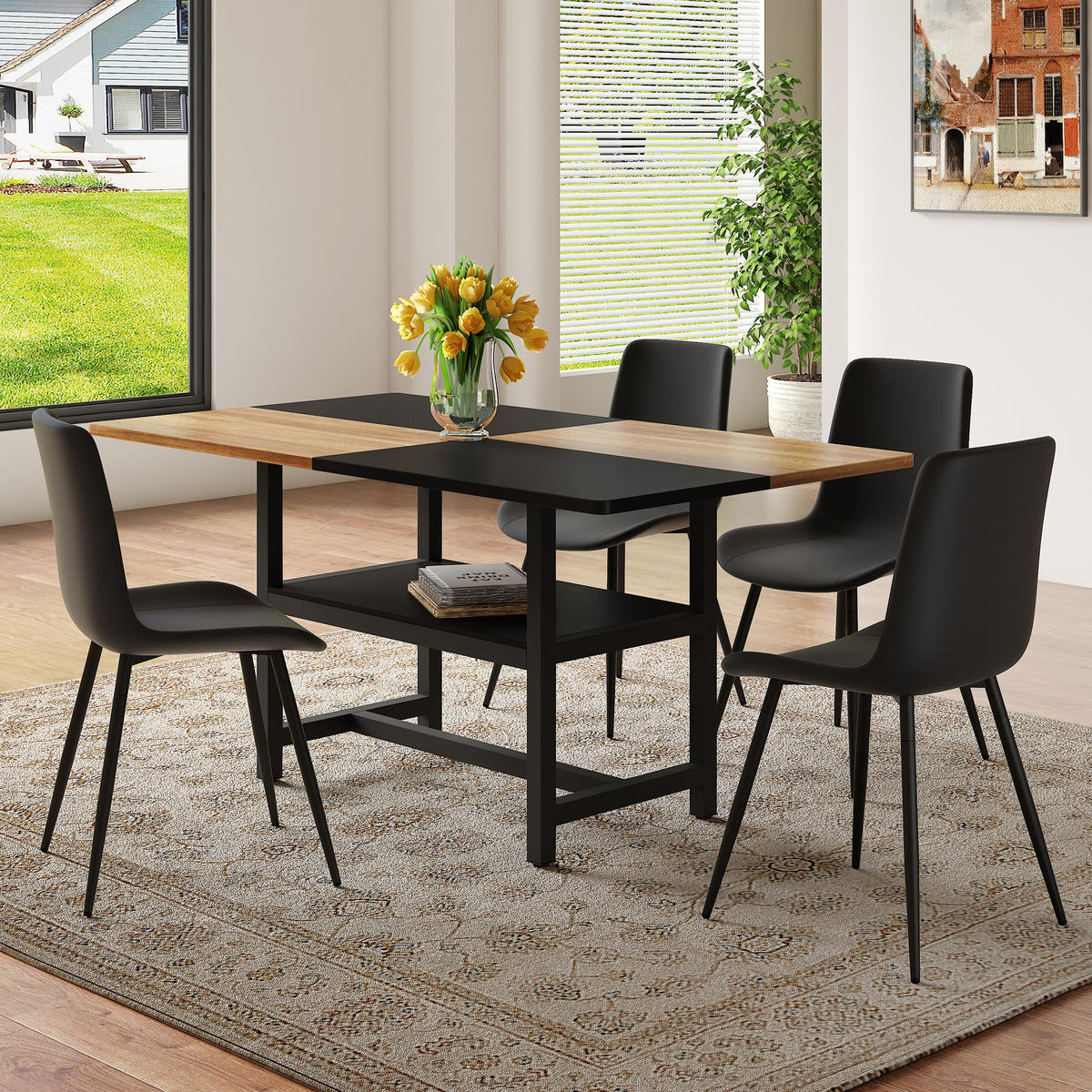ESSGRUPPE DE-39360 5-teilig, mit Ablagefach und 4 PU-Sesseln Schwarz - Schwarz, Holzwerkstoff (160/76/90cm) - ComfortXL