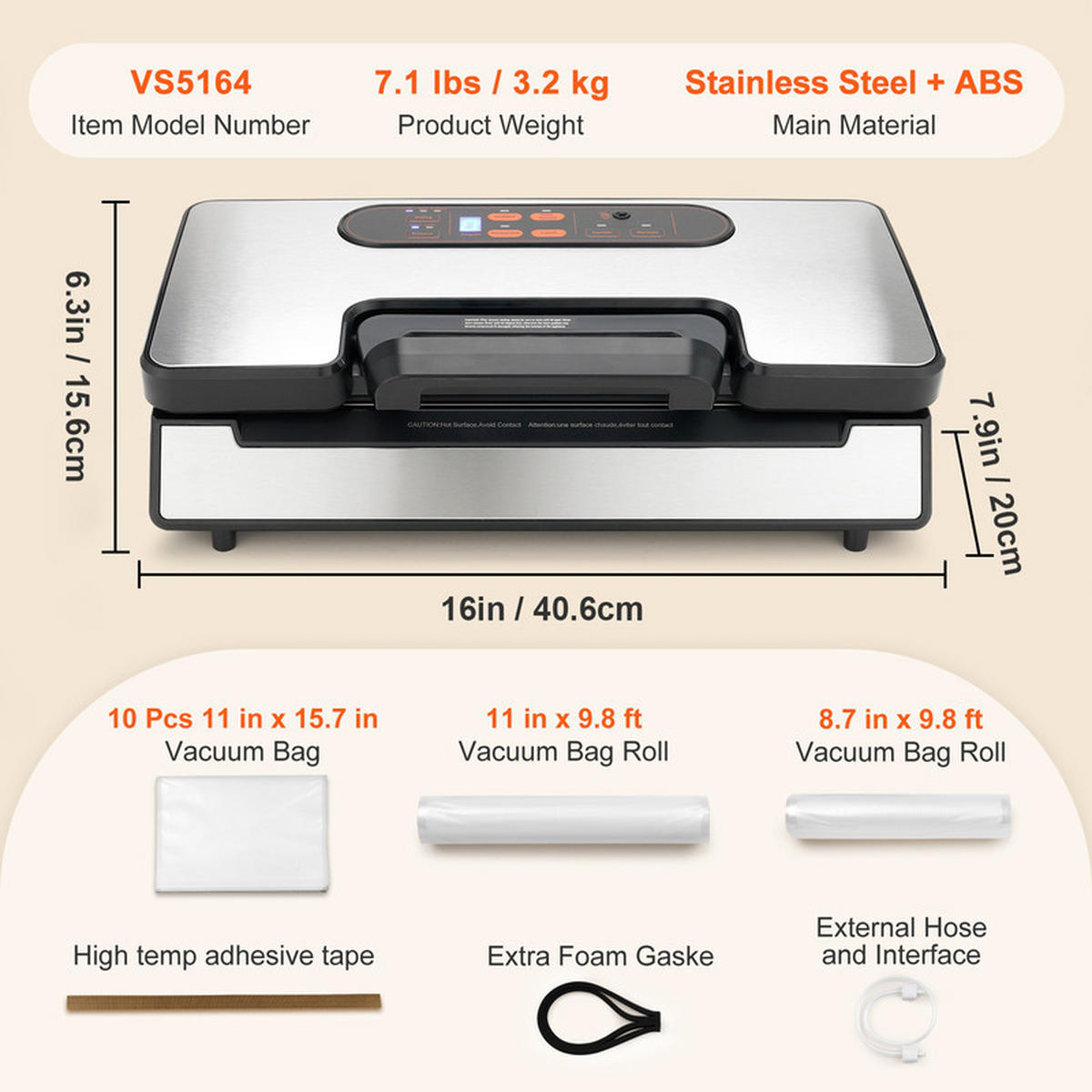 VAKUUMIERGERÄT – 90 kPa, 130 W, mit 10 Vakuumbeuteln, für Lebensmittel - Silberfarben, Metall (20/15.6/40.6cm) - Coonoor