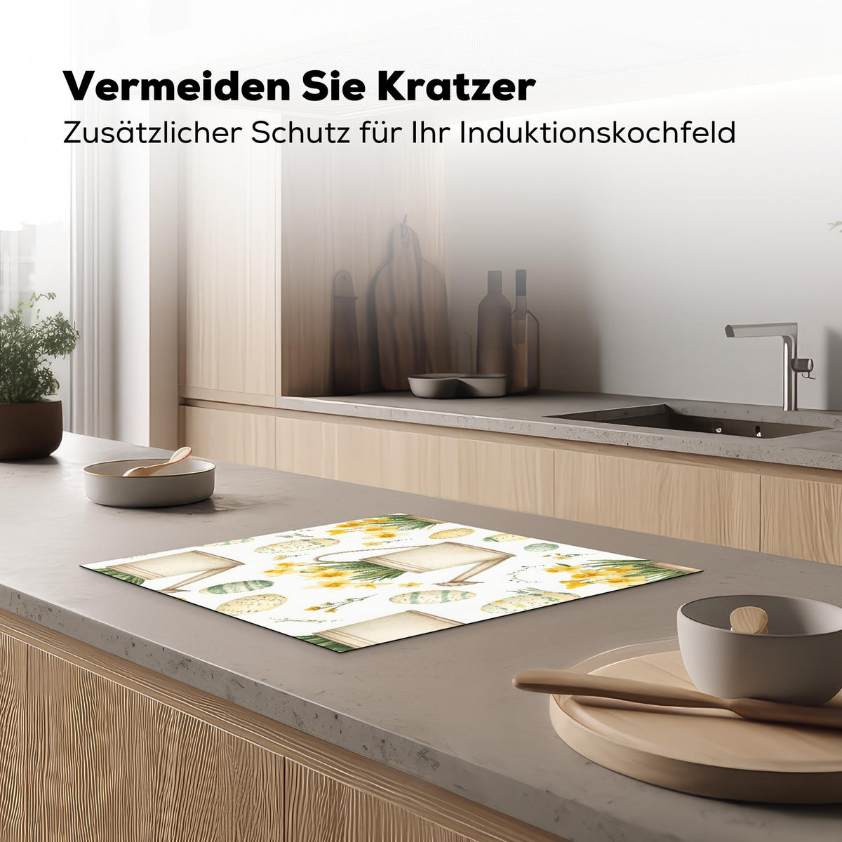 HERDABDECKPLATTE Gießkanne - Blumen - Eier Abdeckung Ceranfeld 58.3x51.3 cm - Weiß, Kunststoff (58.3/51.3/0.2cm) - MuchoWow