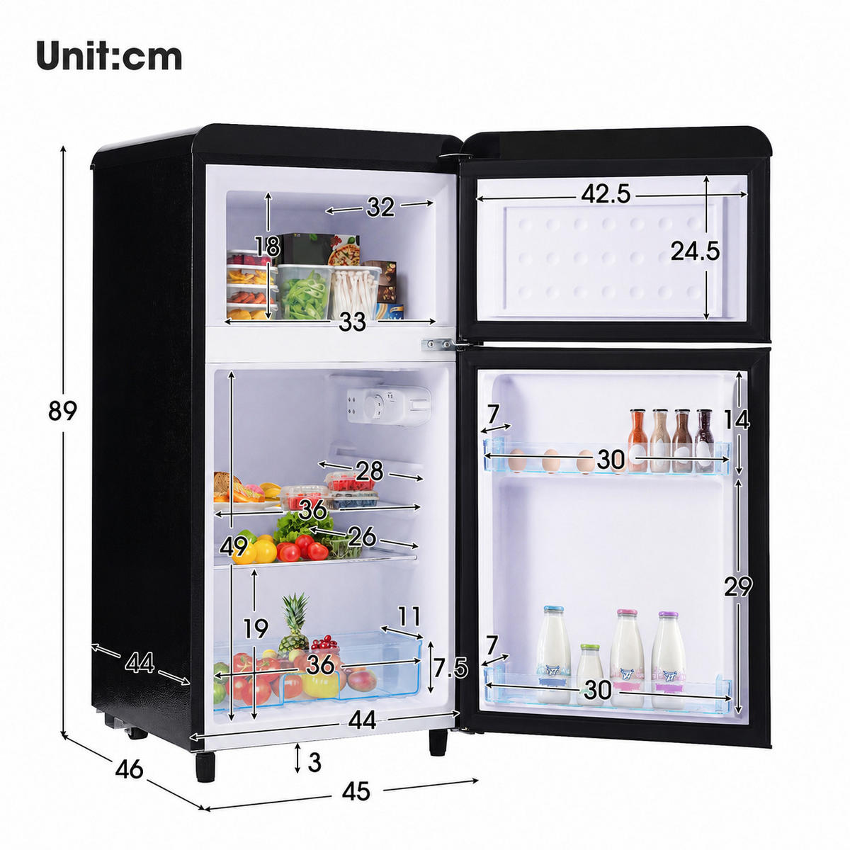 KÜHL-GEFRIER-KOMBINATION 72 l, 21 l Gefriervolumen, Energieeffizienzklasse E, Schwarz - Schwarz, Metall (45/74/46cm) - FOHERE