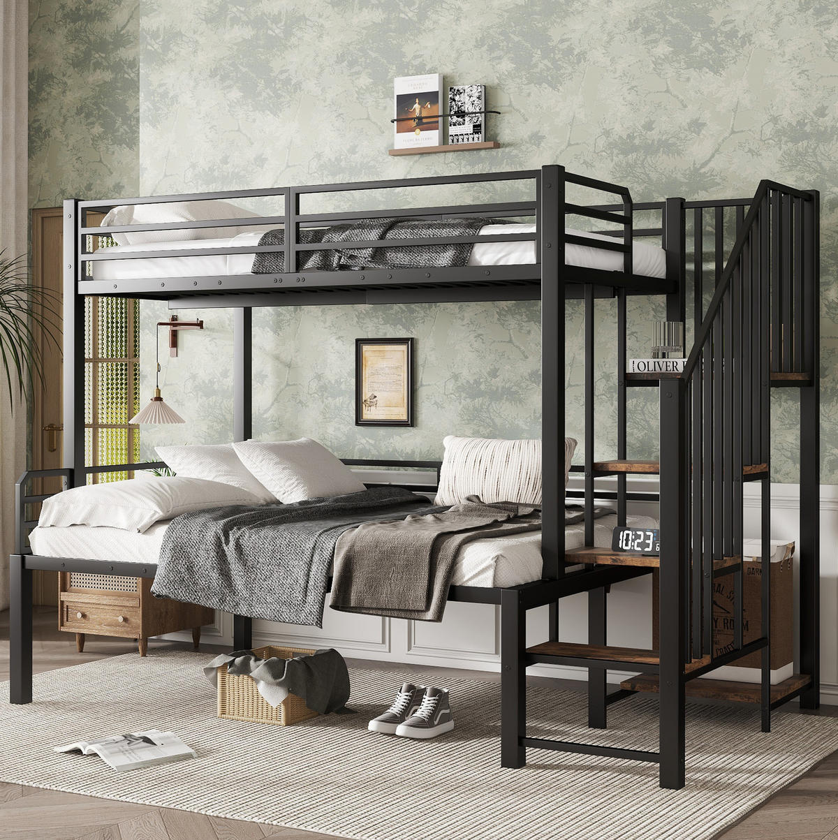 ETAGENBETT 90/120x200 cm aus Metall mit Eckleiter und Stauraum in Schwarz - Schwarz, Holzwerkstoff (90/200cm) - Flora Grace