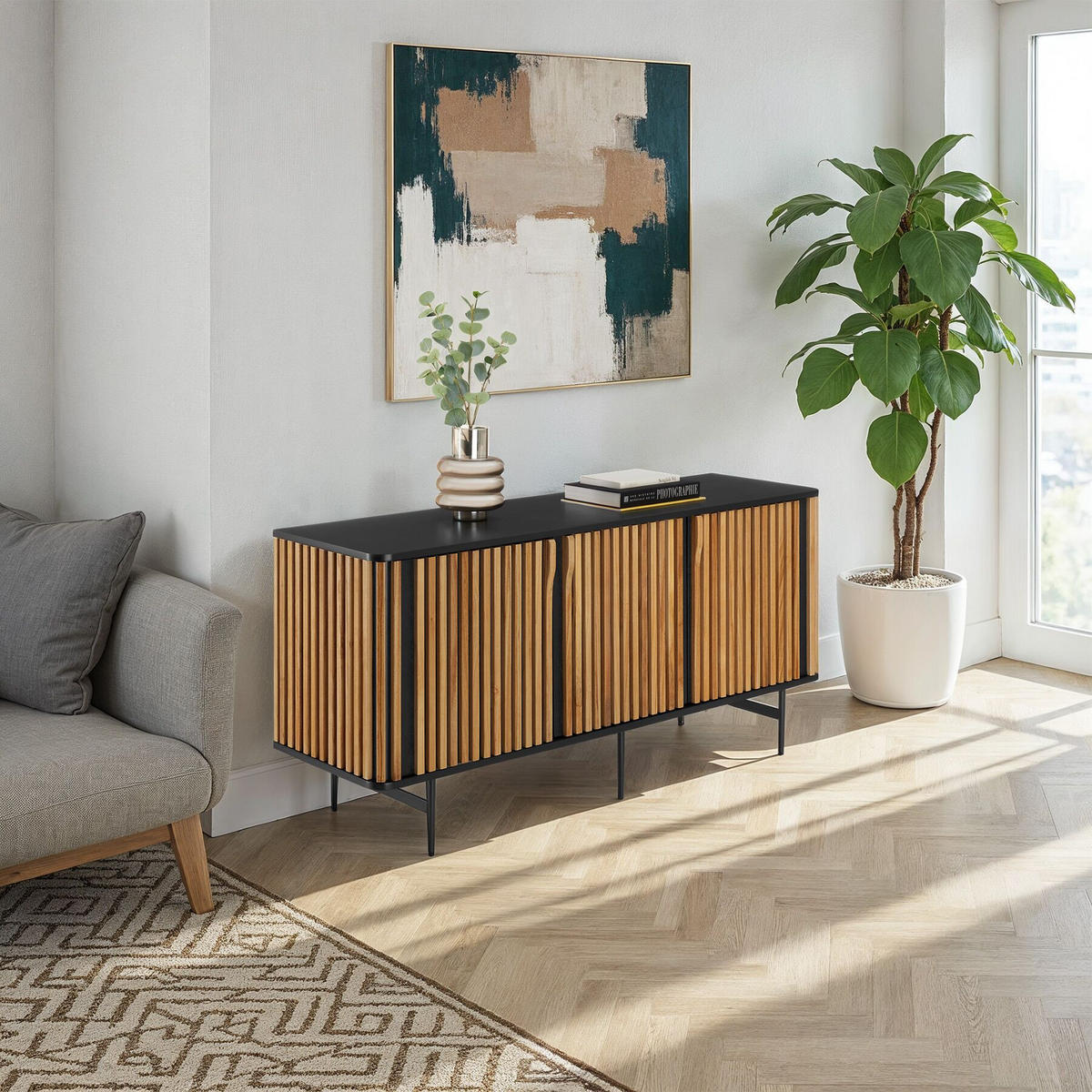 SIDEBOARD Lineo,156 x 45,5 x 74 cm, höhenverstellbare Füße,schwarz/braun - Schwarz/Braun, Holz (156/74/45.5cm) - tectake