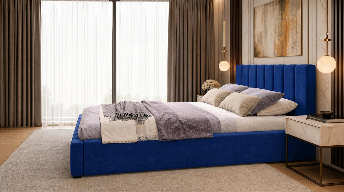 MARPUR Polsterbett NERO 180x200 cm mit Bettkasten und Lattenrost, Dunkelblau - Chromfarben/Dunkelblau, Holz/Holzwerkstoff (180/200cm) - Marpur