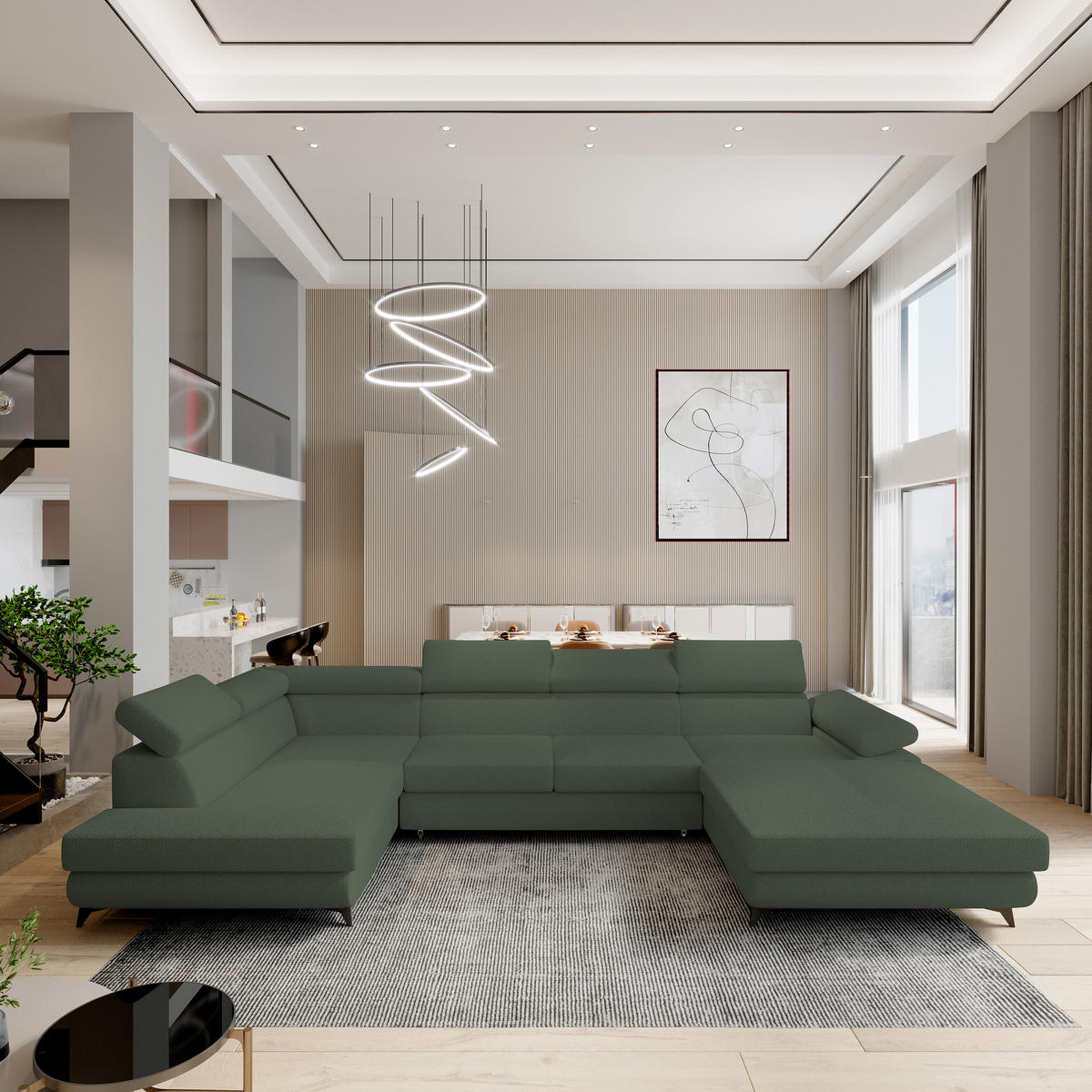 ROHOVÁ SEDAČKA RUBANO zelená barva - černá/zelená barva, kov/dřevo (339/190cm) - MASSENO