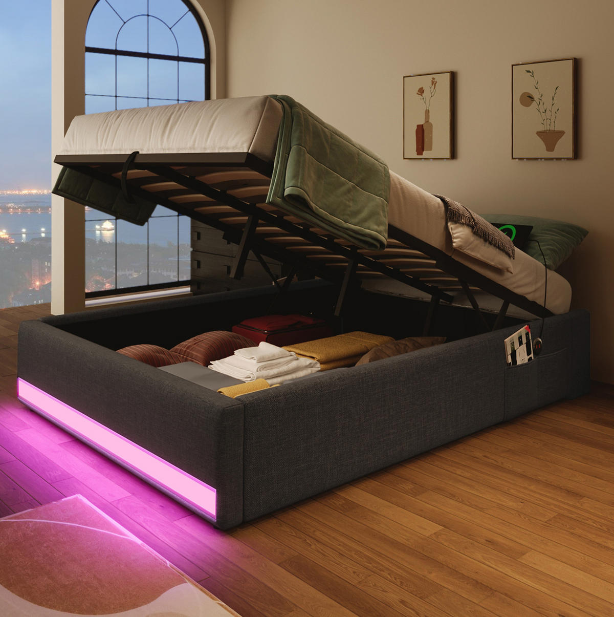 TAPECIRANI krevet 90/200 cm sivi od lana s LED rasvjetom, USB i Type-C priključcima - siva, tekstil (90/200cm) - OKWISH
