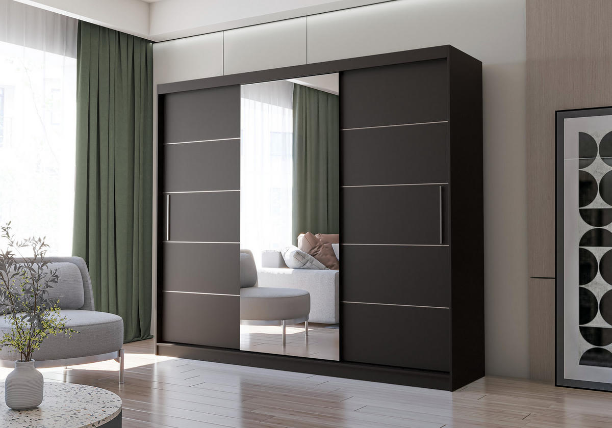 SCHWEBETÜRENSCHRANK Alba Schwarz/Schwarz + Spiegel, ohne LED Beleuchtung 250 cm - Alufarben/Schwarz, Glas/Holzwerkstoff (250/218/61cm) - imoebel24