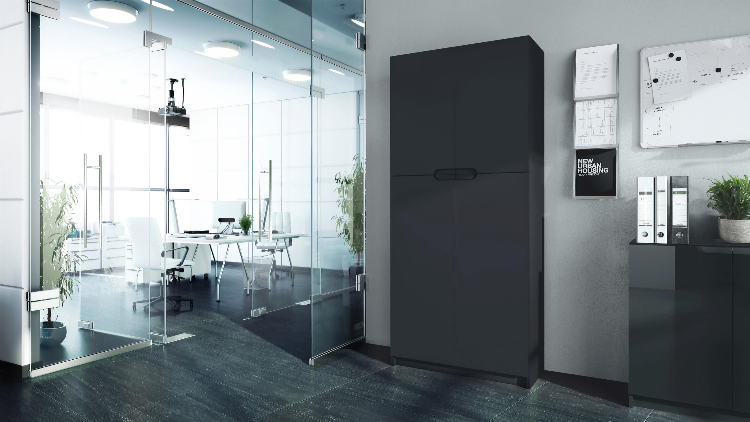 BÜROSCHRANK Logan Fronten in Schwarz matt - Schwarz, Holzwerkstoff (82/185/37cm) - Vladon