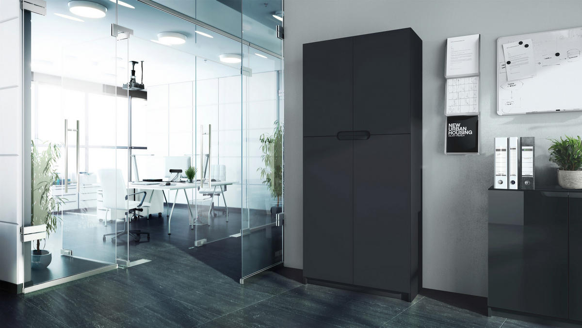 BÜROSCHRANK Logan Fronten in Schwarz matt - Schwarz, Holzwerkstoff (82/185/37cm) - Vladon