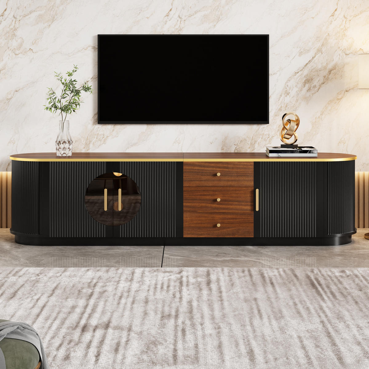 TV-ELEMENT 180/40/46 cm Schwarz mit 3 Schubladen und Aluminiumgriffe - Schwarz, Holz (180/46/40cm) - Oxeza