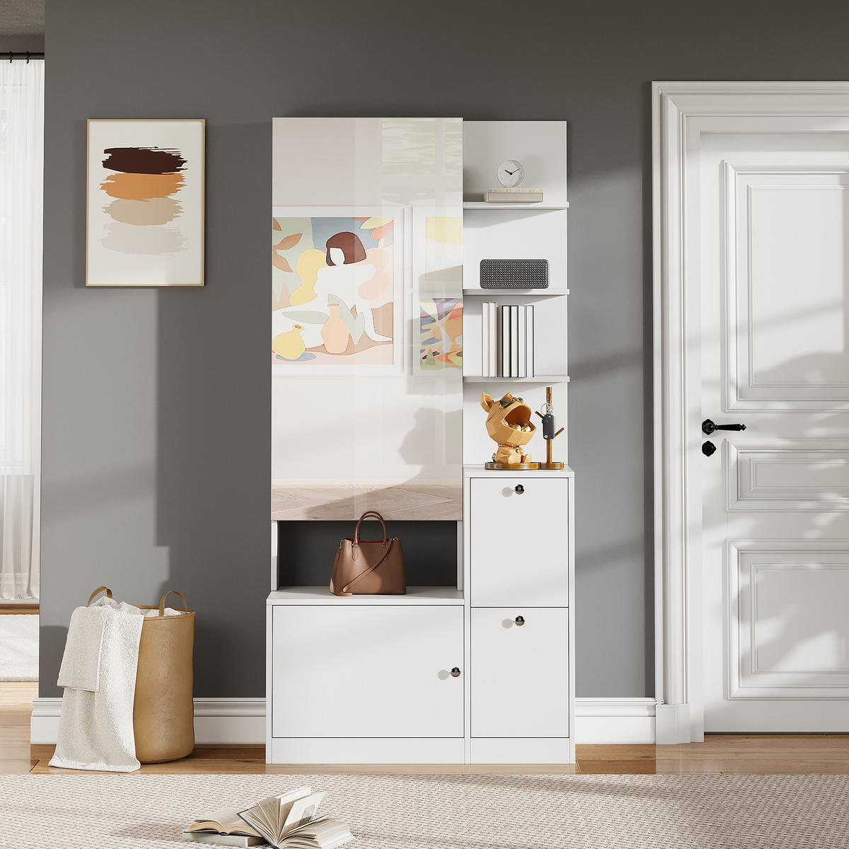 HOCHSCHRANK Spiegel Schuhschrank 2 Türen 5 Ablagen Weiß - Weiß, Holzwerkstoff (85/180/40cm) - FLIEKS