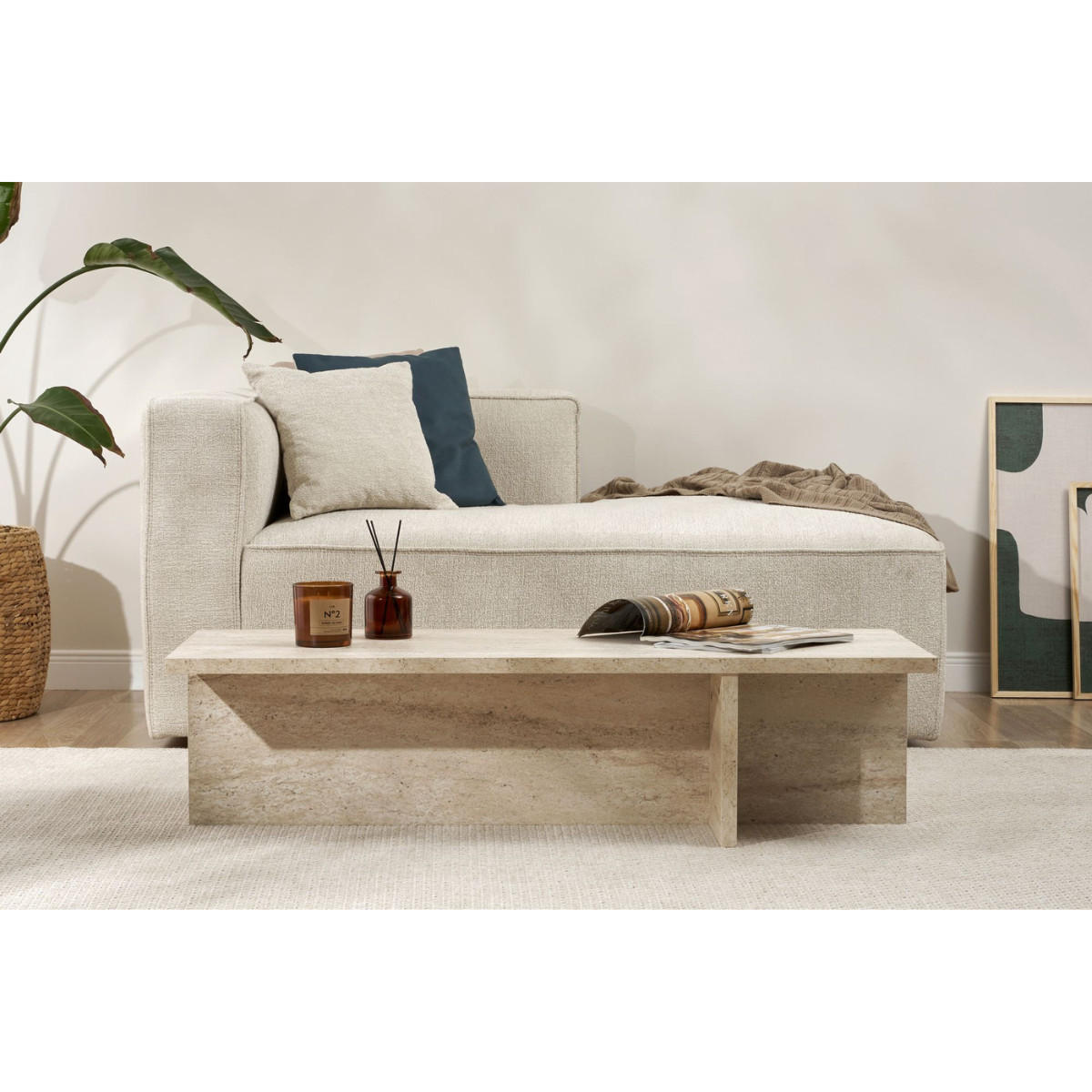 COUCHTISCH mit rechteckiger Platte und asymmetrischem Fuß L120 cm - HARBOR - Beige, Holzwerkstoff (50/45/30cm) - Calicosy