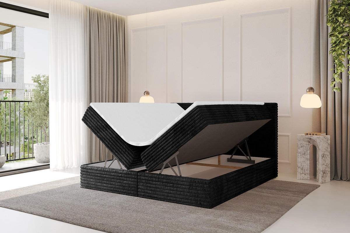 BOXBETT mit Matratze H4 und Lattenrost - TOLO-v1 - 160x200 Cord - Schwarz - Schwarz, Holzwerkstoff (160/200cm)