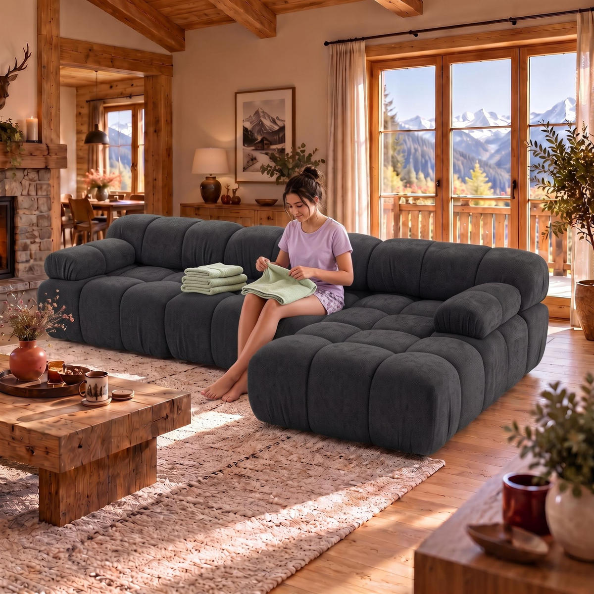 MODULARES Ecksofa MOMENTUM L, Rechts, Breite 282 cm, strukturierter Stoff, Schwarz - Chromfarben/Schwarz, Holz/Textil (155/282cm) - Muffo