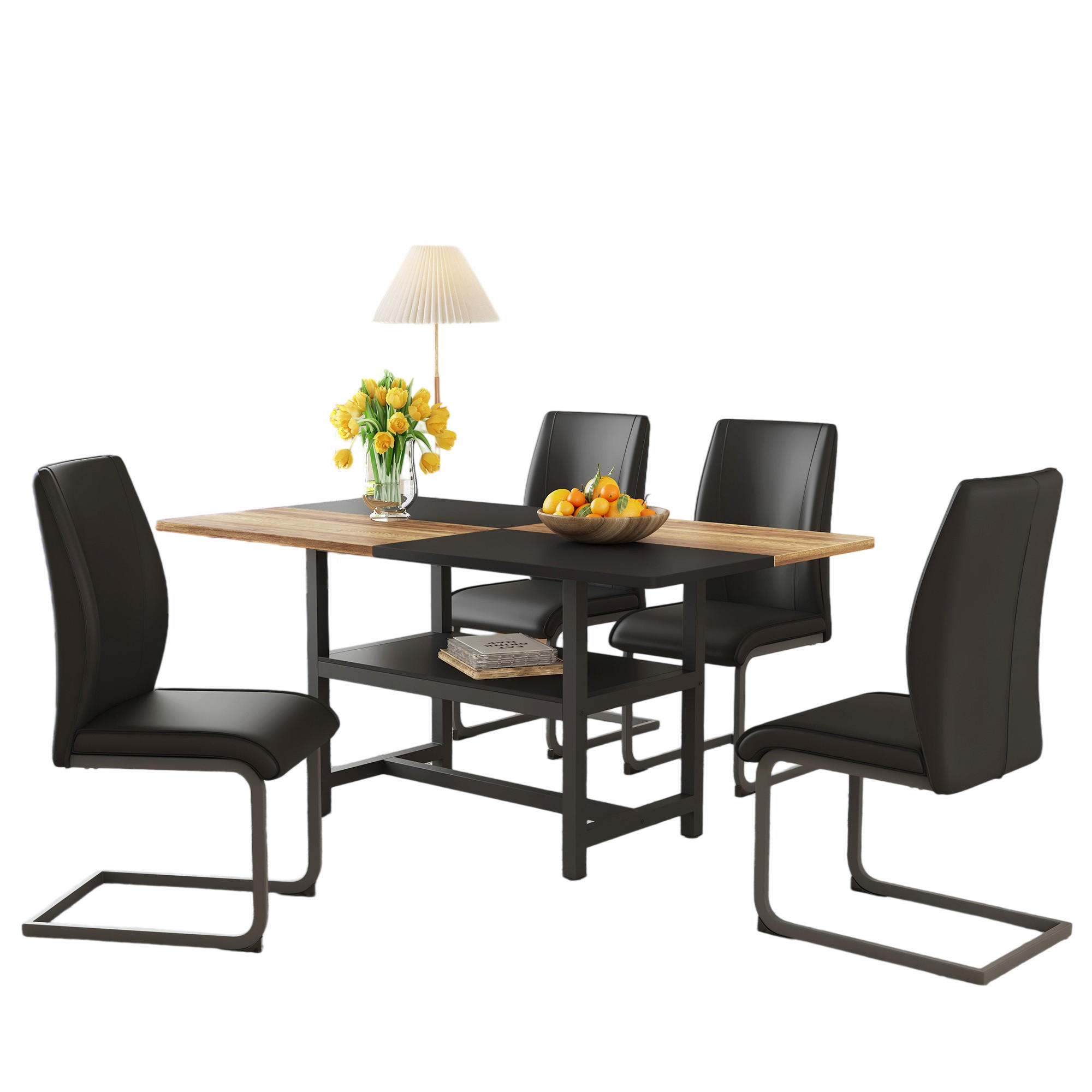 ESSGRUPPE DE-39342 5-teilig, mit Abstellregal und 4 PU-Sesseln Schwarz - Schwarz, Holzwerkstoff (160/76/90cm) - ComfortXL