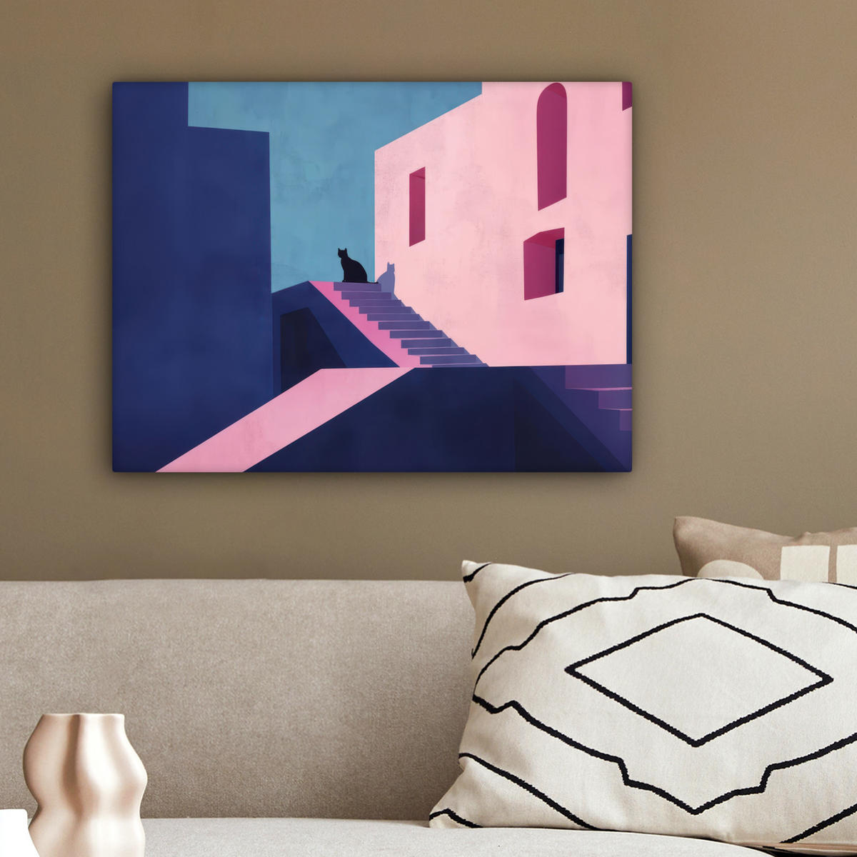 LEINWANDBILD Katze - Treppe - Gebäude - Schattenkontraste Wandbild 40x30 cm - Dunkelblau, Textil (40/30cm) - MuchoWow