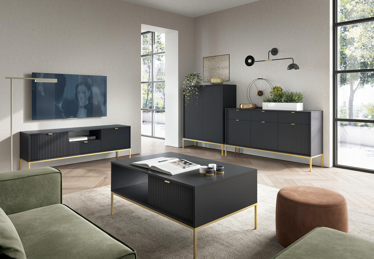 NACHTTISCH Nova - NOC, Geriffelte Front mit Goldenes Griffdesign 54x39x56 cm Schwarz - Goldfarben/Schwarz, Holzwerkstoff/Kunststoff (54/56/39cm) - DomoHome