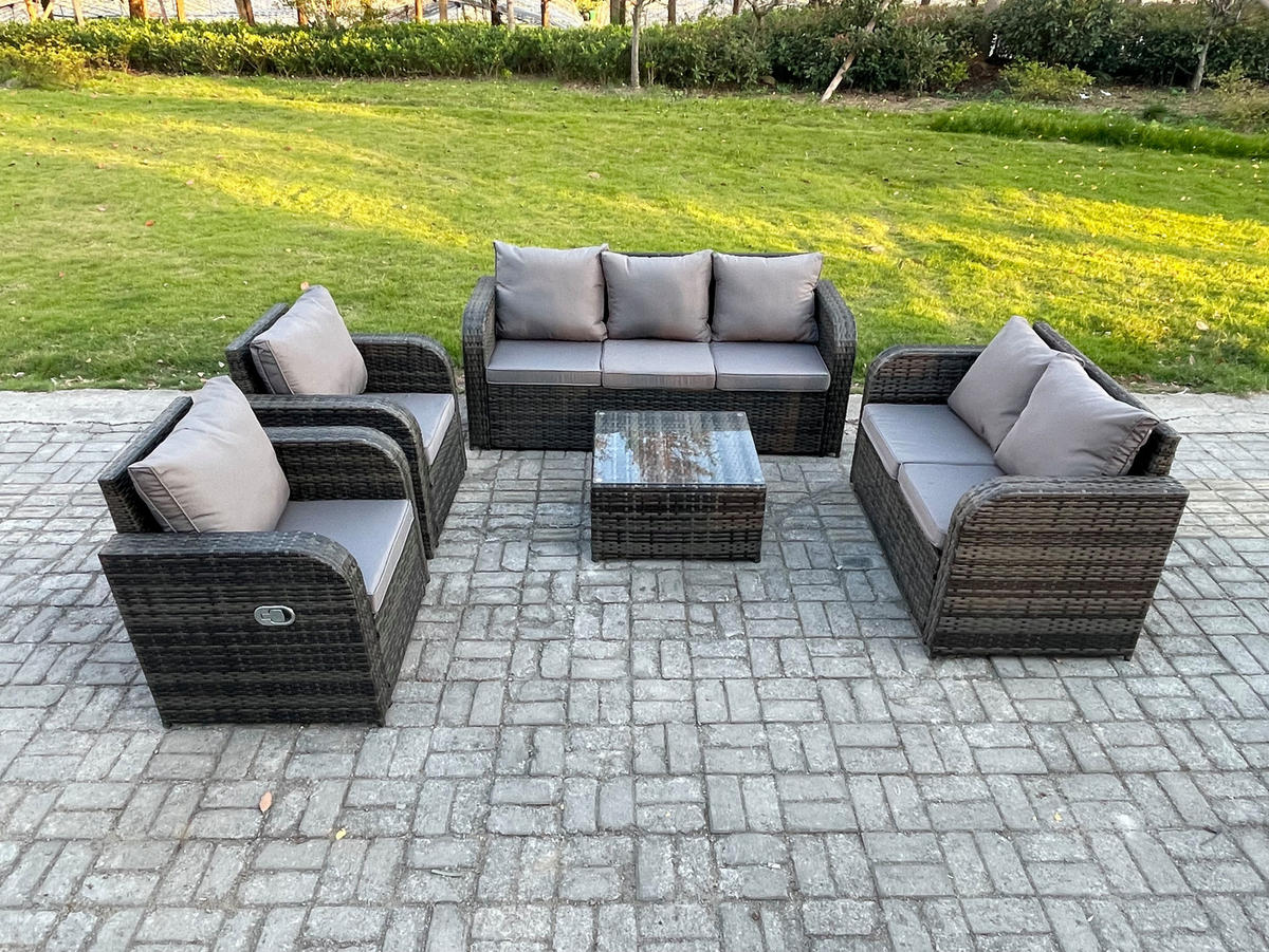 GARTENSOFA SET mit Couchtisch Polyrattan Dunkelgrau 5-teilige - Dunkelgrau/Grau, Glas/Kunststoff - Fimous