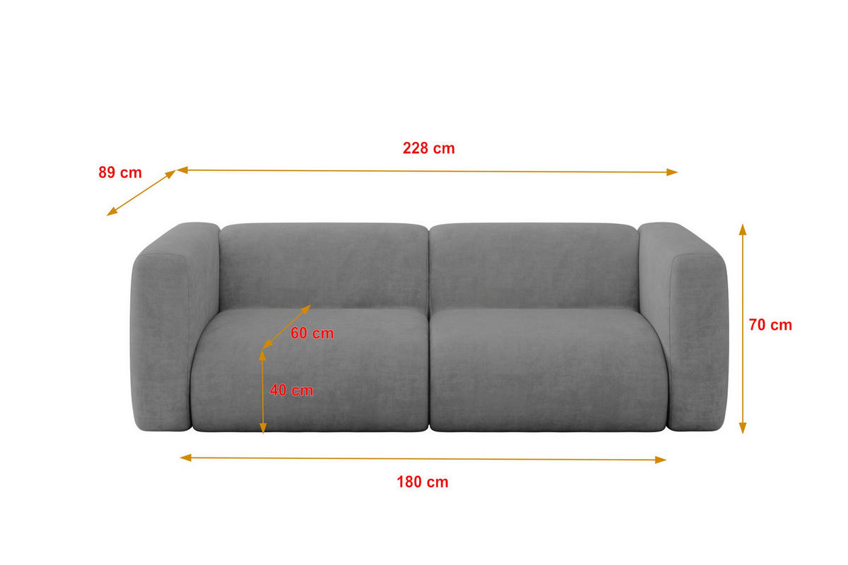 MODULARES Sofa 2-SITZER MIRA-S1 228x89x70 Grau cm Velours - Schieferfarben/Schwarz, Holzwerkstoff/Kunststoff (228/70/89cm) - ALTDECOR