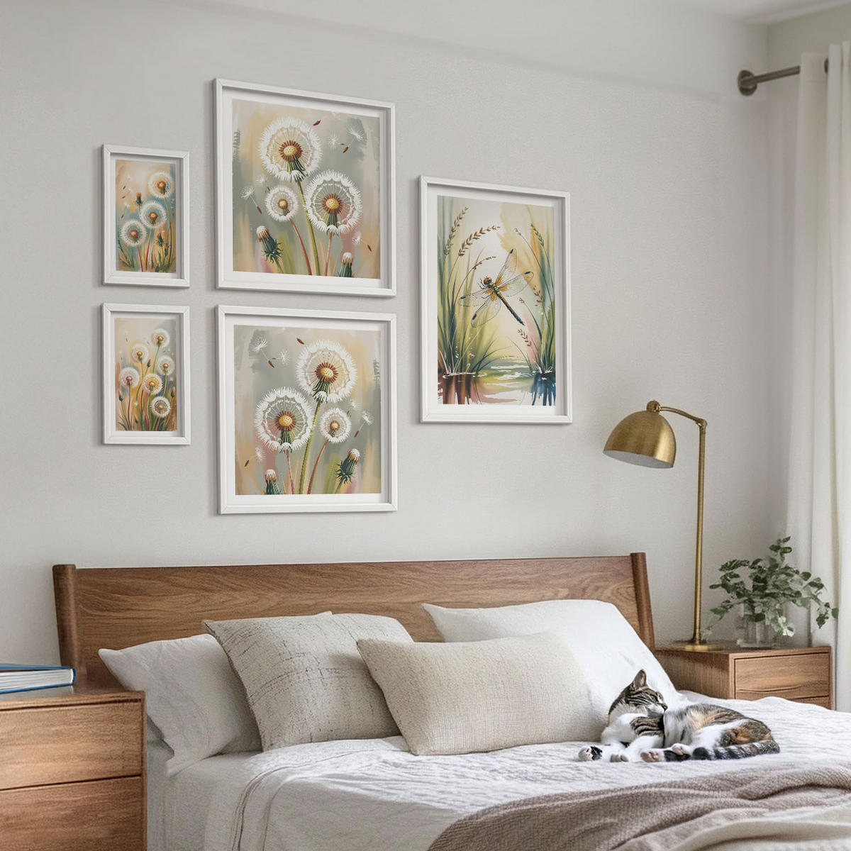 BILDER SET 5er Set - 50x50 cm & 20x30 cm & 40x60 cm Weißer Rahmen - Pastellfarbene Löwenzahnblüten - Weiß, Kunststoff (40/60cm) - TULUP