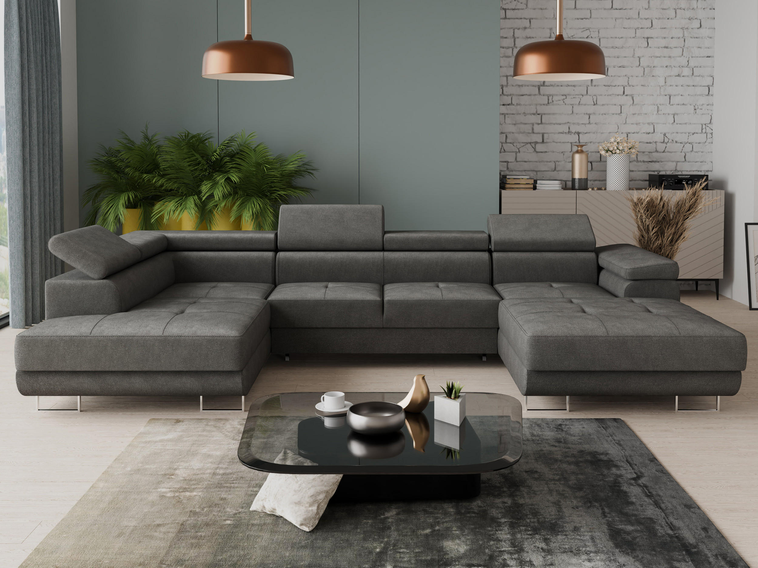 WOHNLANDSCHAFT Caris U, Seite: Rechts - Grau, Holz/Textil (348/90/205cm) - Sofnet