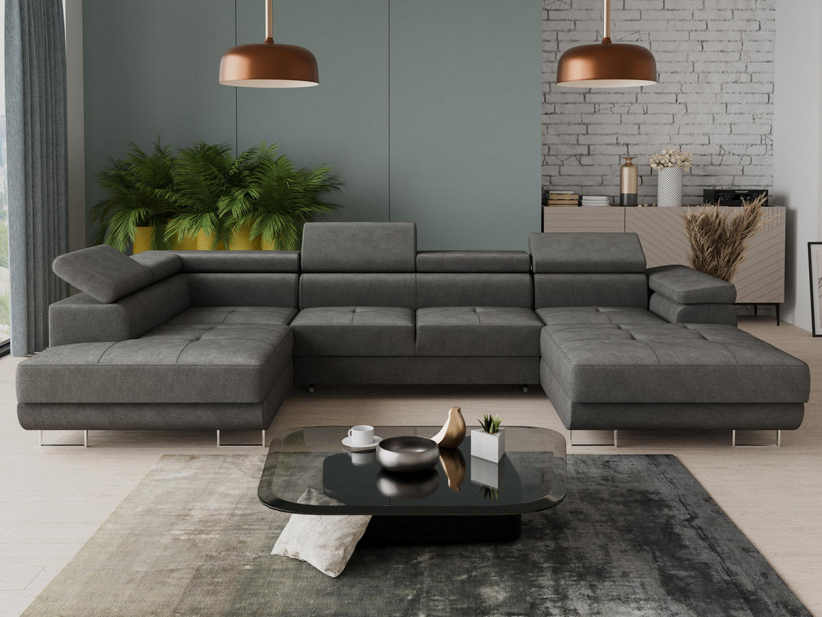 WOHNLANDSCHAFT Caris U, Seite: Rechts - Grau, Holz/Textil (348/90/205cm) - Sofnet