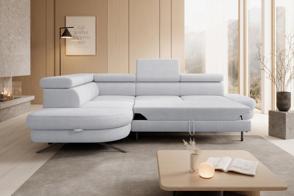 ECKSOFA OTIS L-förm, Schlaffunktion, verstellbare Kopfstützen, in AURORA-Stoff, lose Rückenkissen, freistehend, LINKS 218x276x97 cm Stainless colour - Edelstahlfarben, Holz/Textil (218/276cm) - DomoHome