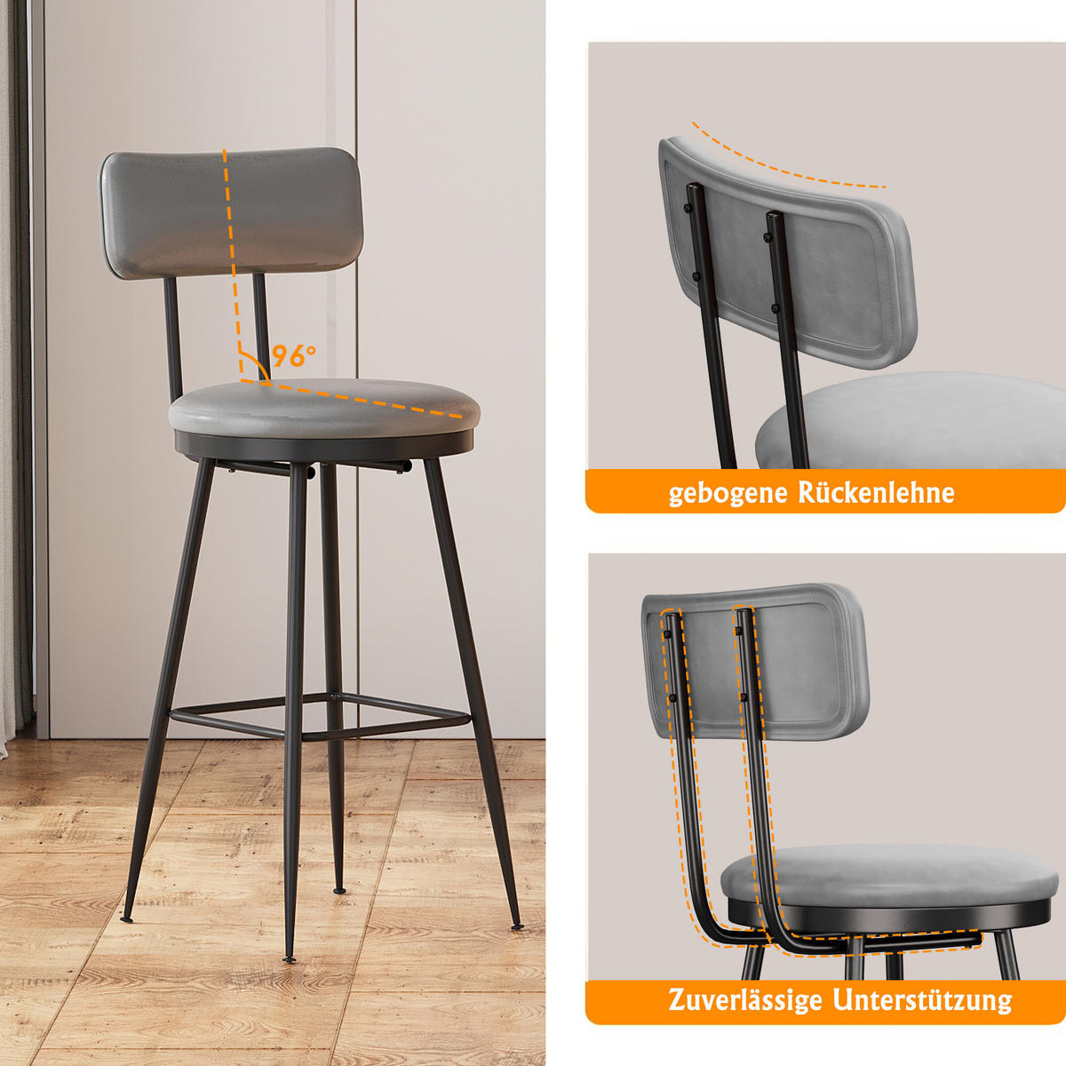 BARHOCKER 2er-Set mit Rückenlehne, Braun - Grau, Metall (34/85.5/34cm)