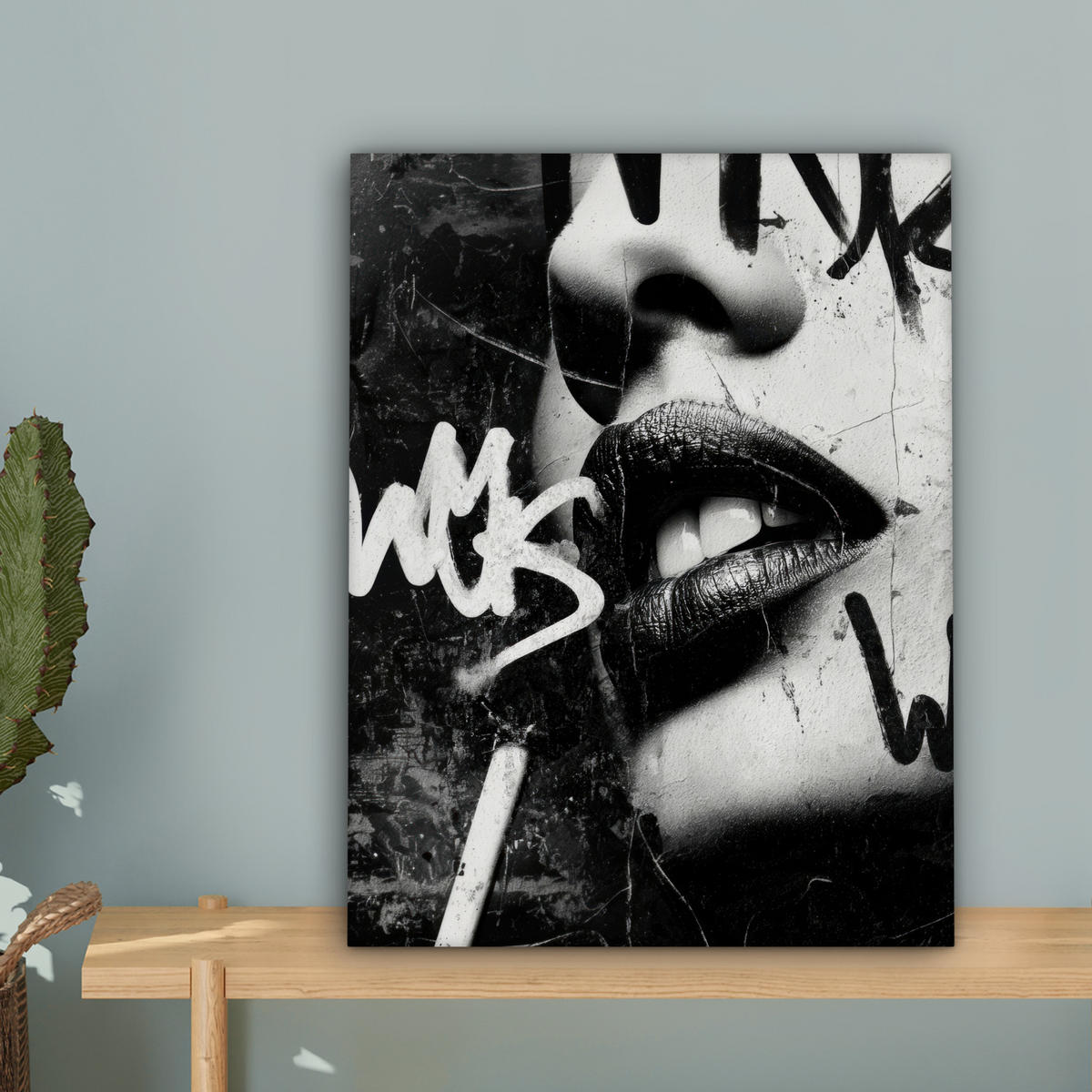 LEINWANDBILD Gesicht - Mund - Graffiti - Schwarz Room Decor 30x40 cm - Schwarz, Textil (30/40cm) - MuchoWow