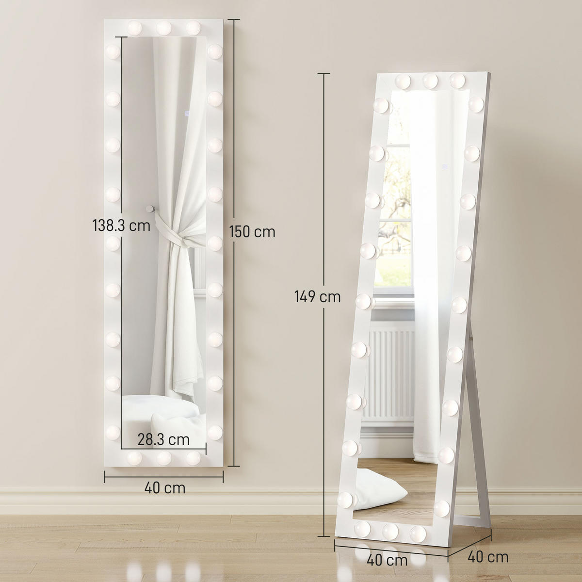 STANDSPIEGEL DE-09886 LED mit 24 Glühbirnen, 3 Lichtfarben Weiß - Weiß, Glas (40/150/4cm) - ComfortXL