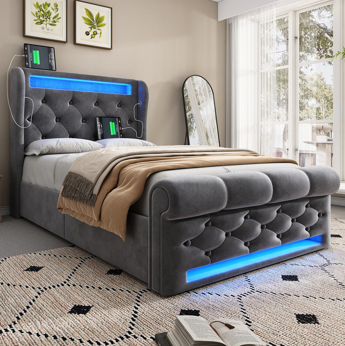 TAPECIRANI krevet od samta 90x200 cm sivi s LED rasvjetom, USB i Type-C priključcima te hidrauličkim spremištem - siva, tekstil (90/200cm) - Modfu