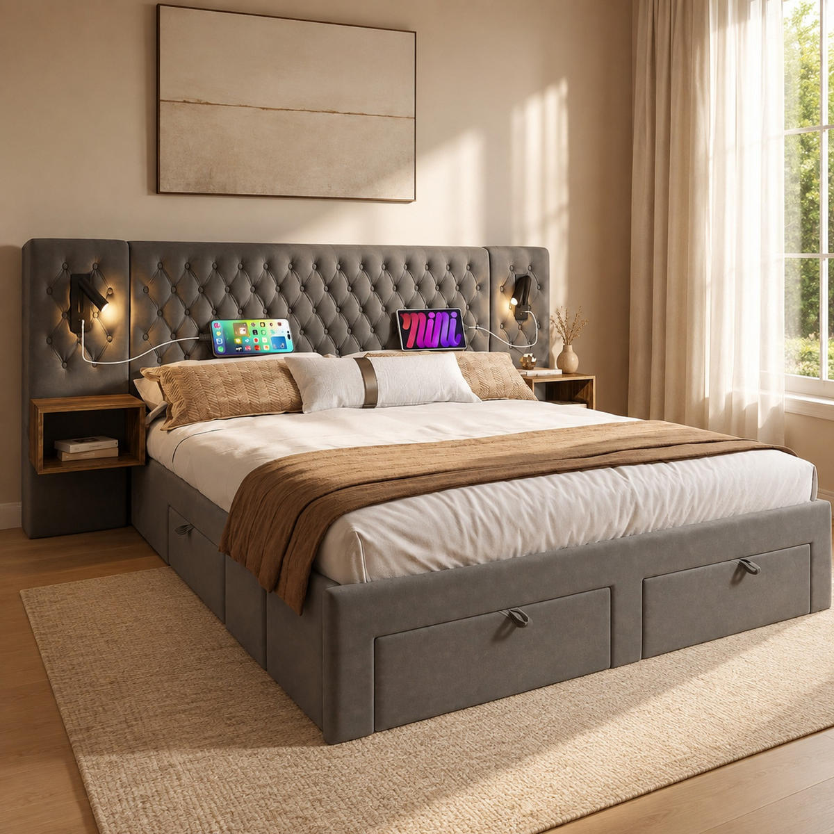 POLSTERBETT 160/200 mit Nachttischen, Schubladen und USB in Grau - Grau, Holzwerkstoff/Textil (160/200cm) - EVRYAE