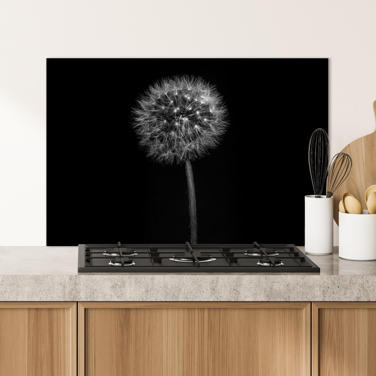 SPRITZSCHUTZ KÜCHE Löwenzahn - Schwarz - Floral - Botanisch 80x55 cm - Grau, Metall (80/0.3/55cm) - MuchoWow