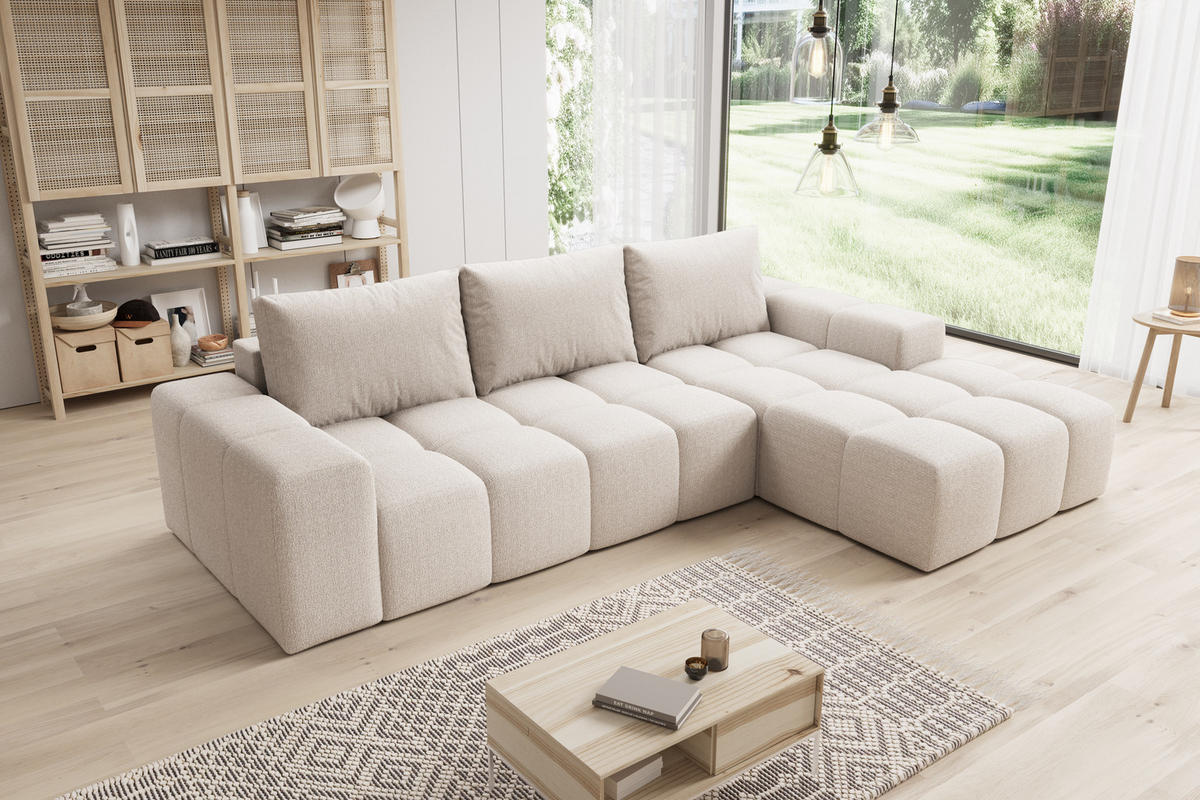 ECKSOFA Cento, L-Form, Ottomane rechts, Teddy-Bouclé-Stoff, 285x56x180 cm, BeigeBeige - Creme, Holz (285/180cm) - PROMETO Möbel