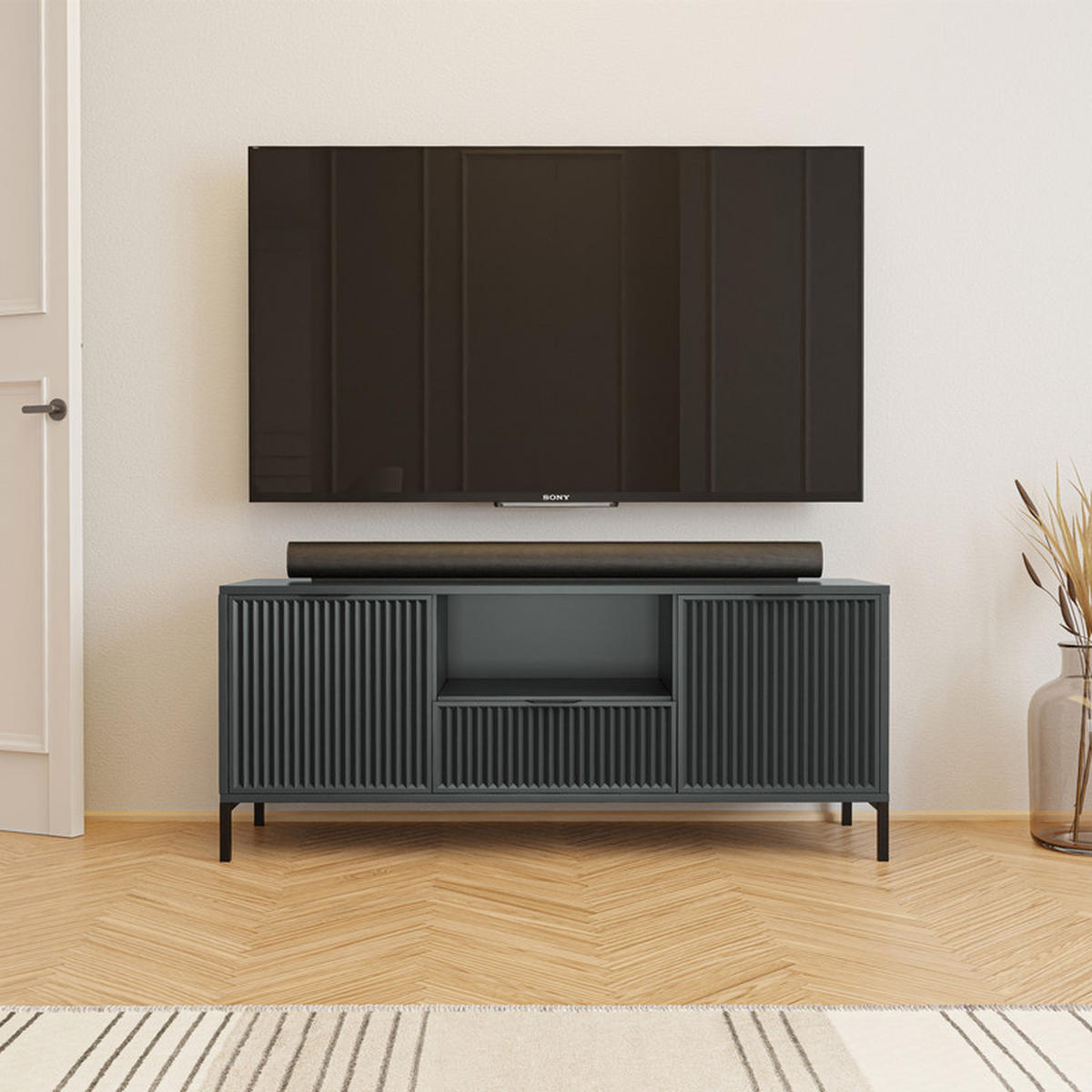 TV skrinka s 1 zásuvkou a 2 dvierkami, béžová - čierna/zelená, kov/kompozitné drevo (135/56.1/40.6cm) - Idohome
