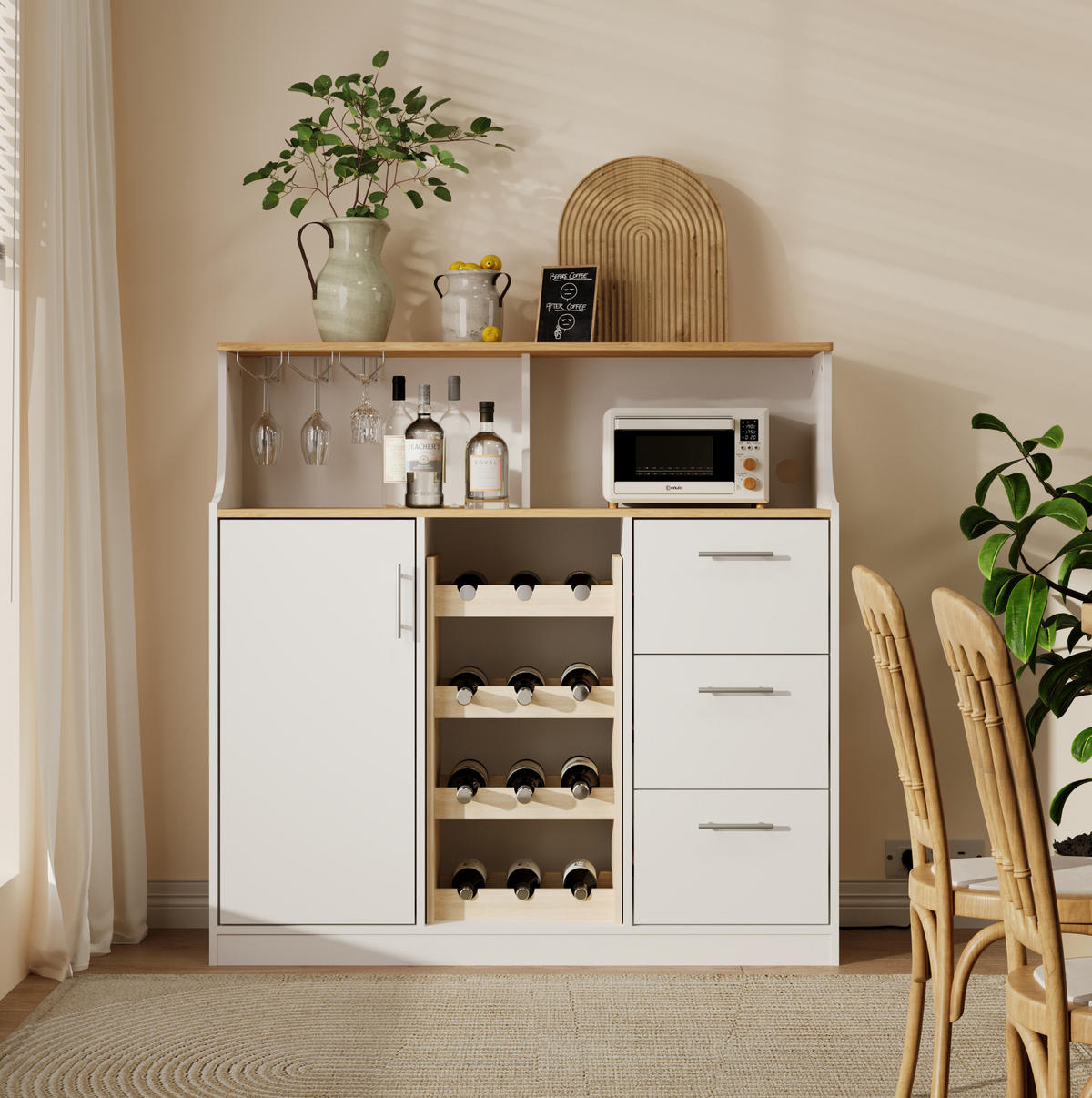 SIDEBOARD 120/40/121 cm in Weiß/Natur mit LED-Beleuchtung und Steckdose - Weiß, Holzwerkstoff (120/121/40cm) - Flora Grace