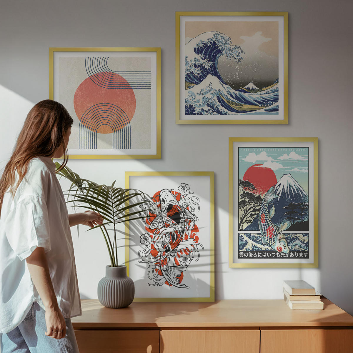 BILDER SET 4er Set - 50x50 cm & 40x60 cm Goldrahmen - Illustrationen von Fischbergen, die sich in Japan ausbreiten - Goldfarben, Kunststoff (50/50cm) - TULUP