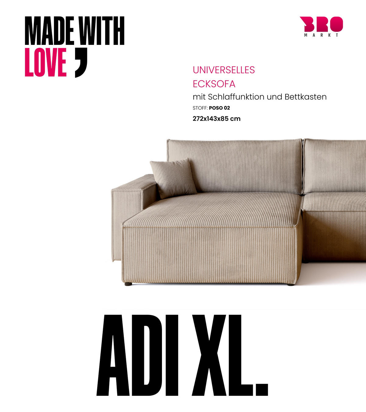 ECKSOFA ADI XL mit Schlaffunktion Beige Cord - Beige, Textil (272/143cm) - Bromarkt