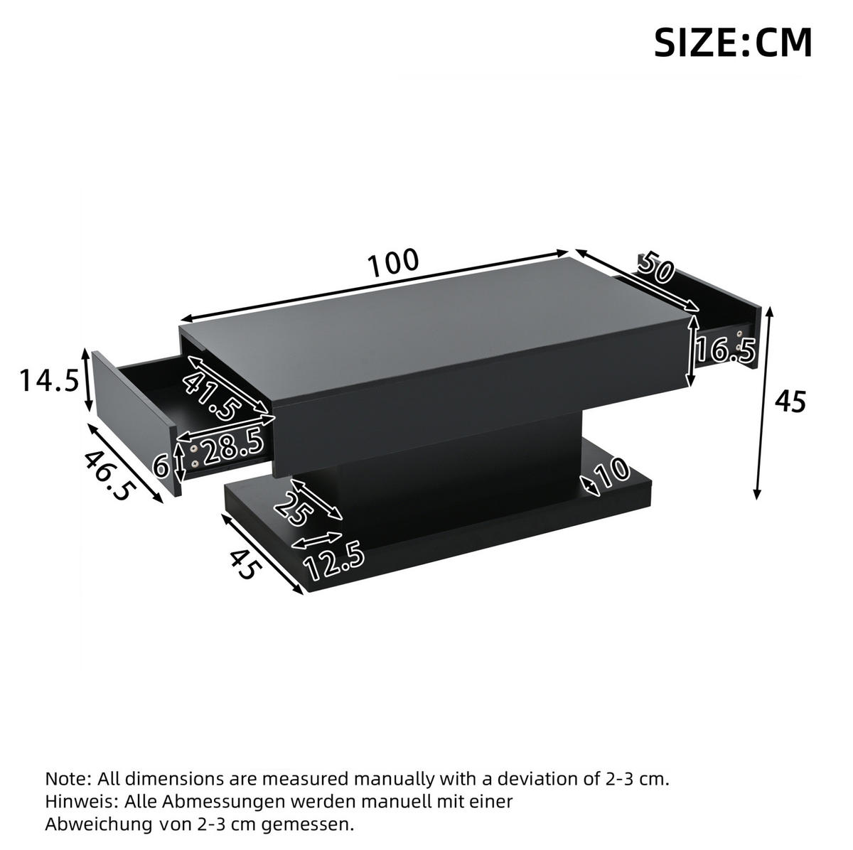 COUCHTISCH 100/50 cm mit 2 Schubladen und LED-Beleuchtung in Schwarz - Schwarz, Holzwerkstoff (100/50/45cm) - BEAOK
