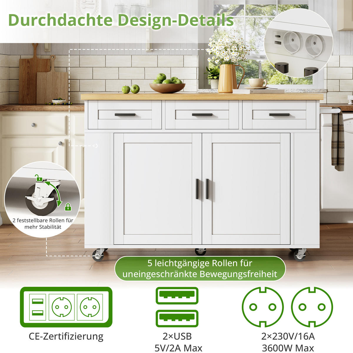 KÜCHENINSEL DE-41394 120/45-70/84 cm, klappbare Arbeitsplatte und Steckdosen Weiß - Weiß, Holzwerkstoff (120/84/70cm) - ComfortXL