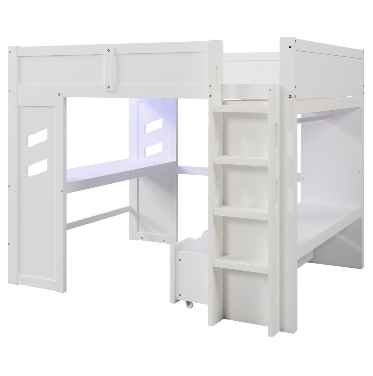 VYSOKÁ posteľ 140/200 cm biela z borovice a MDF s písacím stolom LED osvetlením a úložným priestorom - biela, drevo (140/200cm) - OKWISH