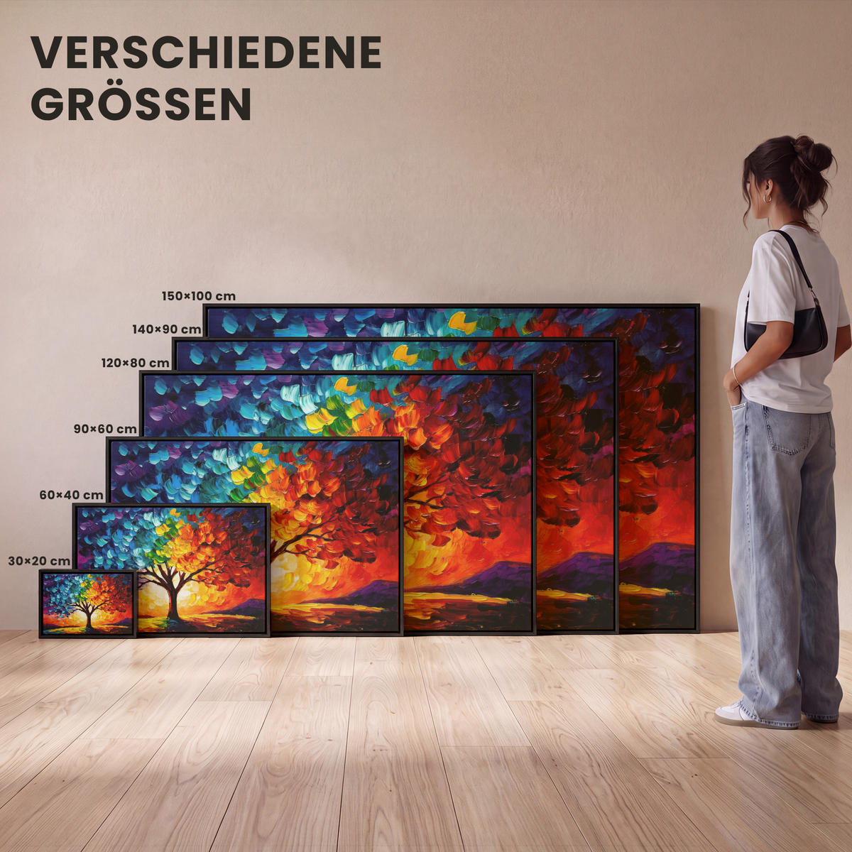 LEINWAND Bilder mit Rahmen - Baum - Kunst - Natur - Sonnenuntergang - 140x90 - Multicolor, Textil (140/90cm) - MuchoWow