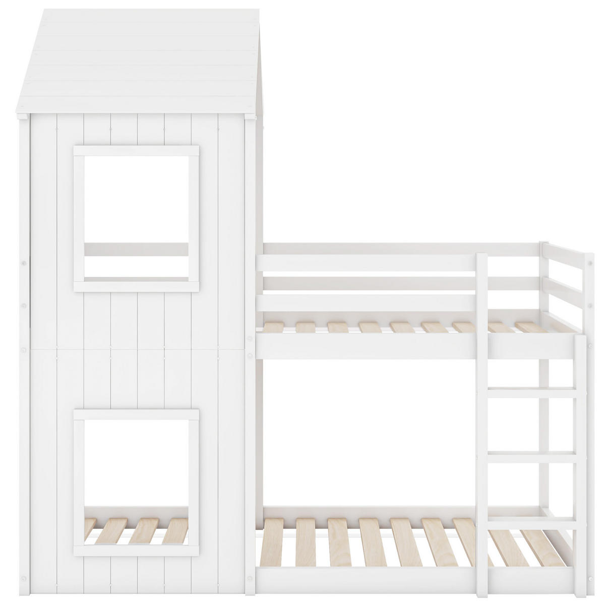 KINDERBETT 90/200 cm aus Kiefernholz mit Sicherheitsgeländer und Hausdach, Weiß - Weiß, Holzwerkstoff (90/200cm) - Redom