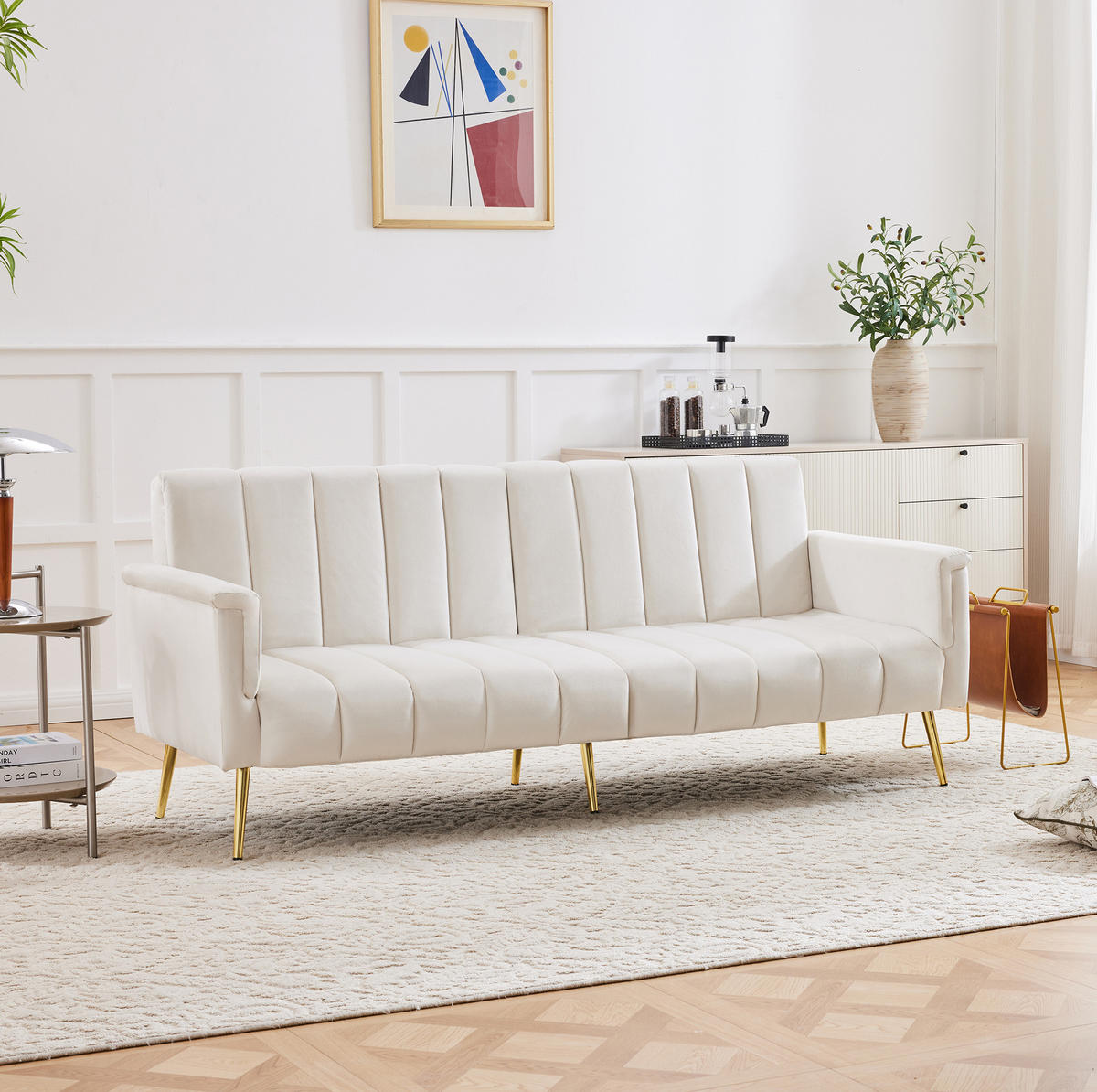 SCHLAFSOFA, Samt mit verstellbarer Rückenlehne & Armlehnen, 183/76/75 cm, Beige - Beige, Textil (76/75/183cm) - Redom