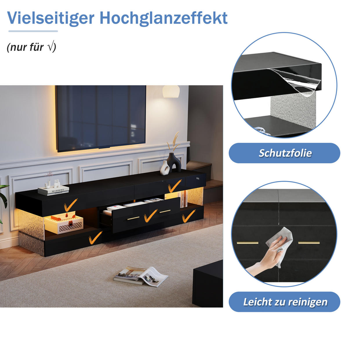 LOWBOARD 152/35/40 cm schwarz aus Spanplatte mit LED und 2 Schubladen - Schwarz, Holzwerkstoff (152/40/35cm) - OKWISH