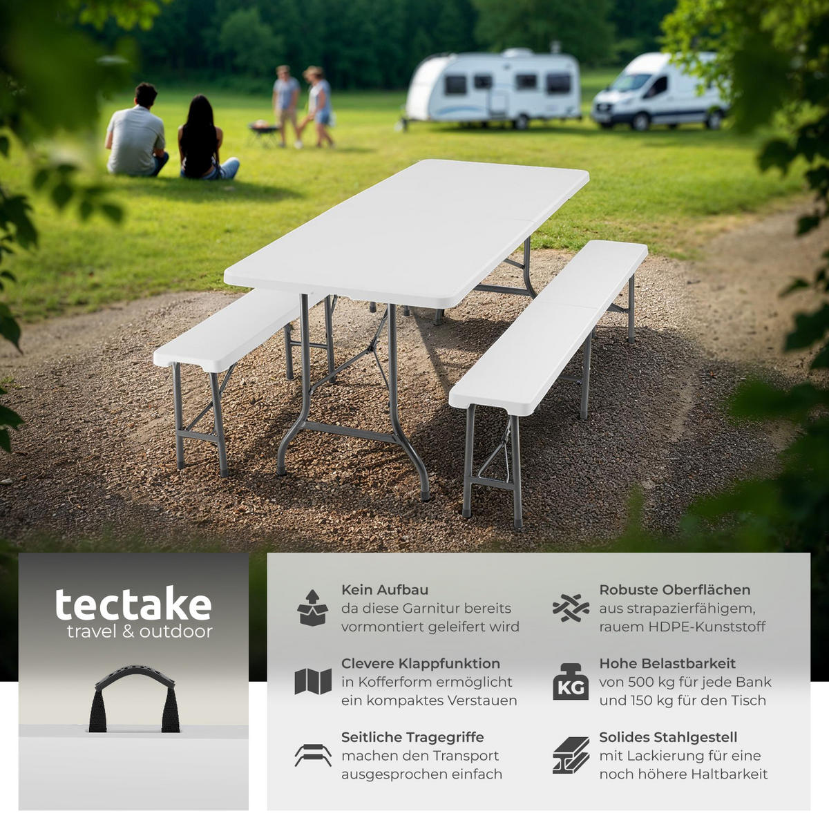 CAMPINGTISCHGARNITUR Panja,mit Tragegriffen,weiß - Weiß, Kunststoff (180/74/72cm) - tectake