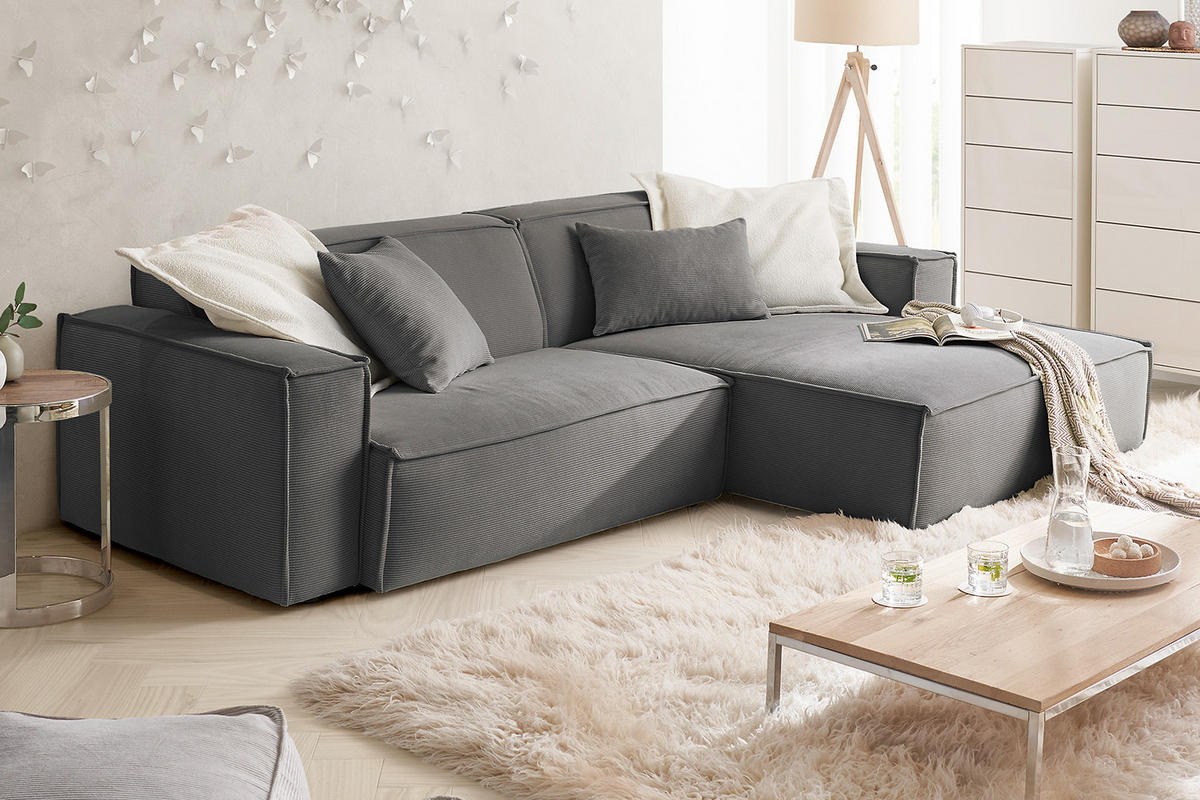 ECKSOFA SAMU Anthrazit Cord - Anthrazit/Schwarz, Textil (276/168cm) - KAWOLA