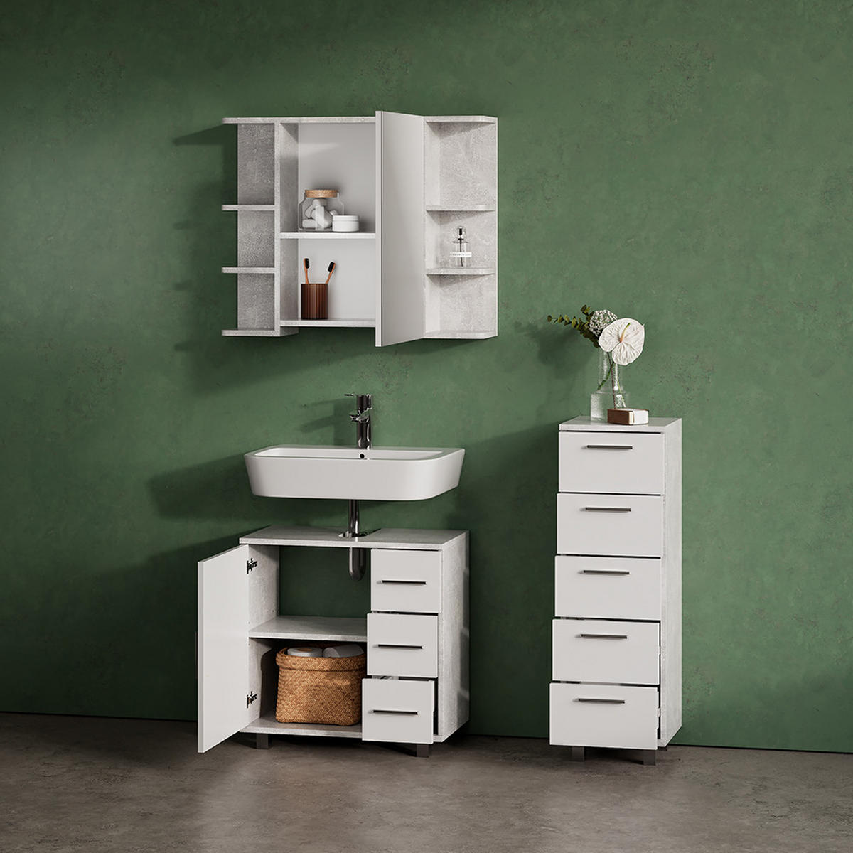 BADMÖBEL-SET Eisak Beton 3 Teile, mit Midischrank - Schieferfarben/Weiß, Holzwerkstoff (60/60/33cm) - Livinity®