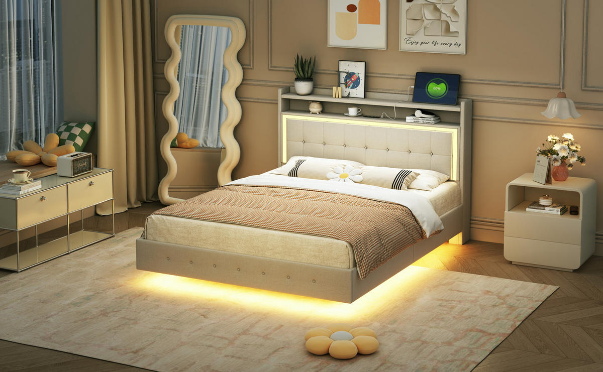 POLSTERBETT 140x200 cm LED USB beige - Beige, Textil (140/200cm) - Fortuna Lai