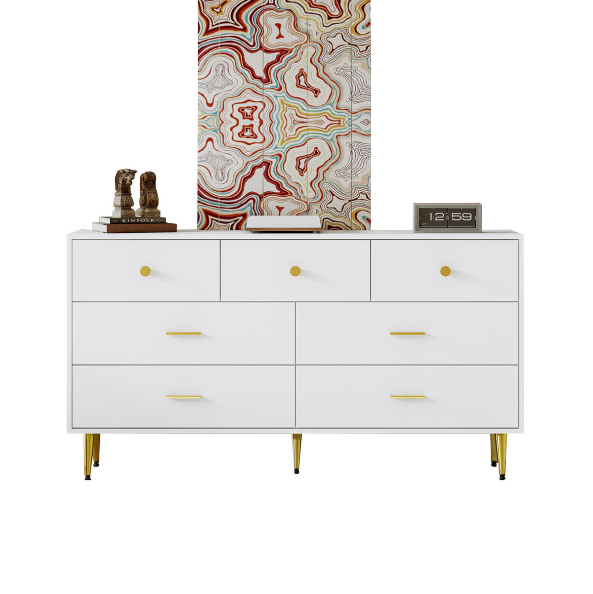 SIDEBOARD 140/35/76 cm mit 7 Schubladen in Weiß und goldfarbenen Details - Weiß, Holzwerkstoff (140/76/35cm) - BEAOK